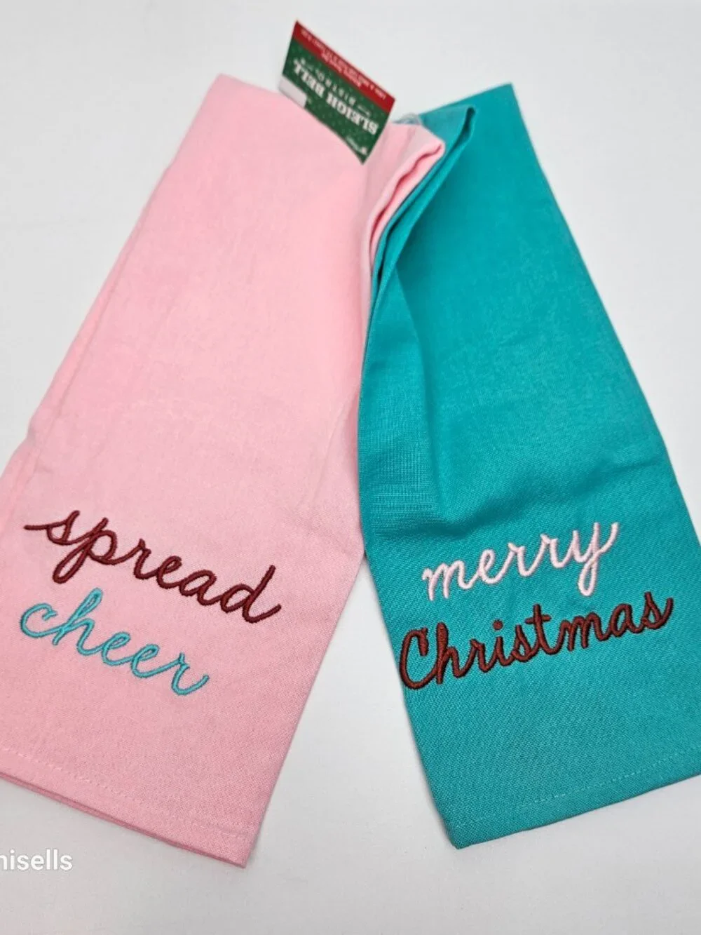 christmas kitchen towel ste in pink and teal